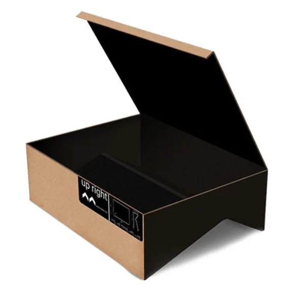 The box, open: black inside, the stand resting in it