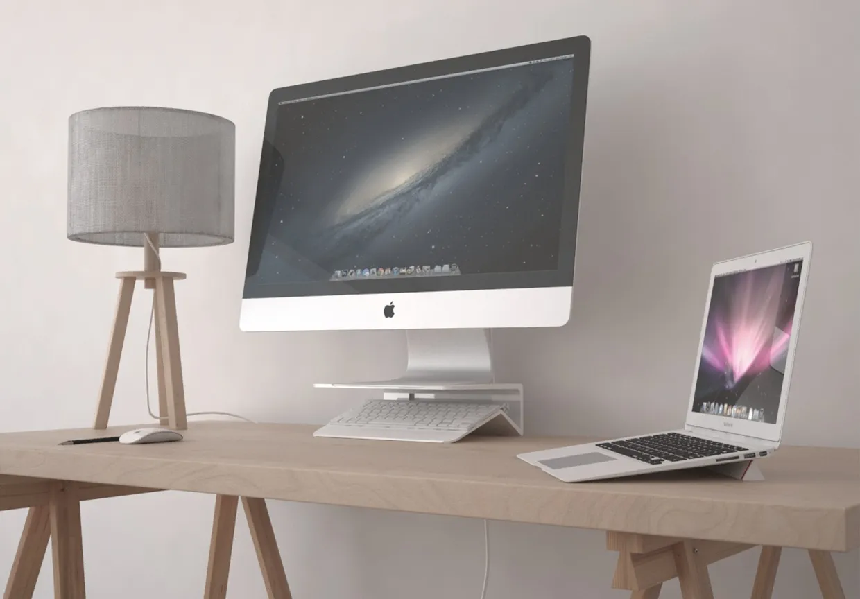Stand on a wooden desk, a laptop beside it resting on the ruler