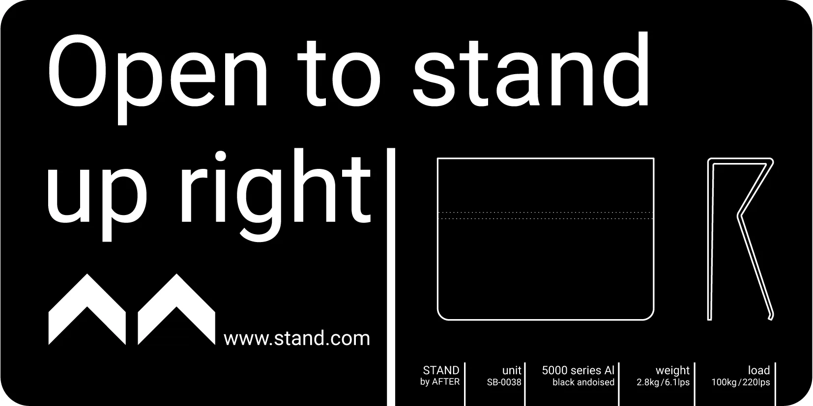 Box label: Open to stand up right, with the stand drawn flat and folded