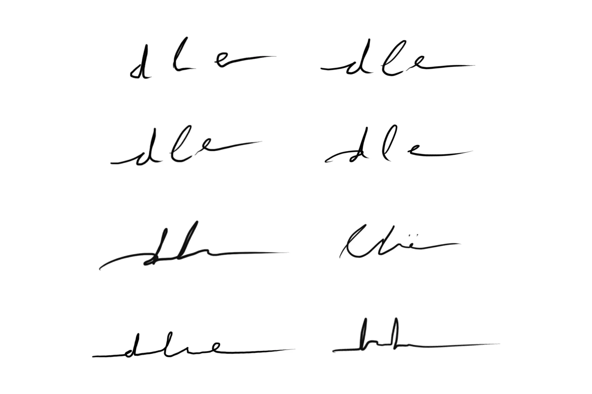 Eight handwritten dle, from easy to read to quick and confident