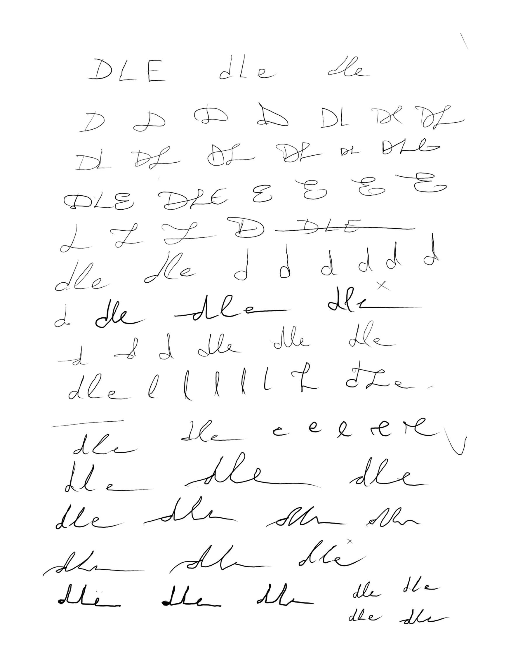 A page of sketches: d, l and e tried in capitals and small letters, apart and joined