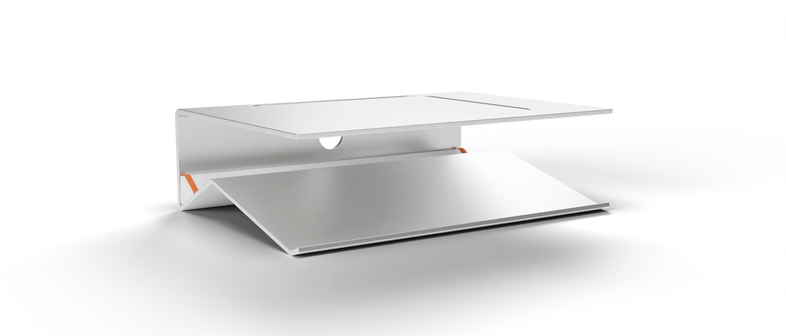 Stand and its small brother, the ruler with orange rubber ends, as a 3D model turning slowly.