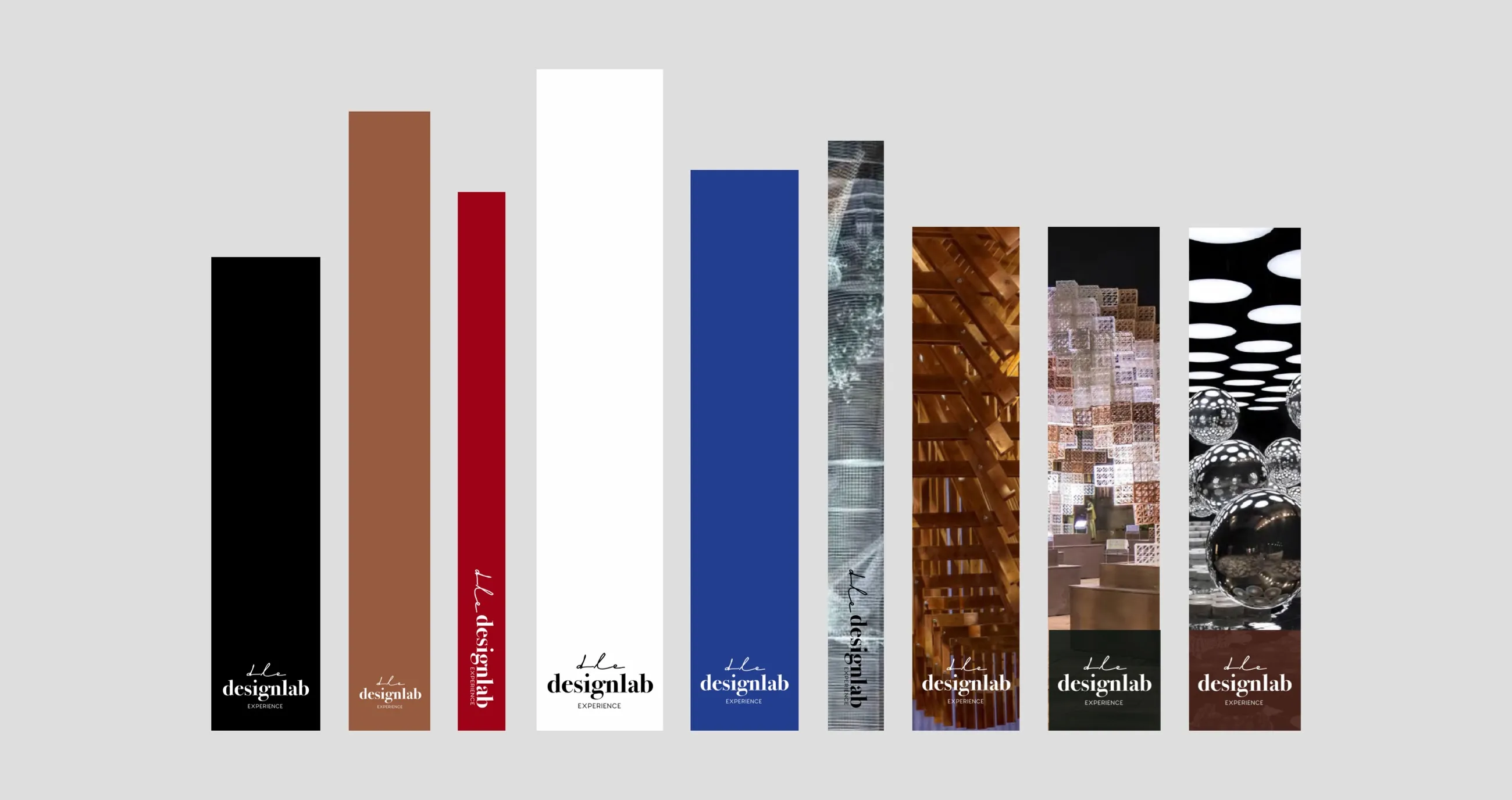 The logo at the foot of tall strips in black, brown, red, white, blue and photographs, turned on its side on the narrow ones